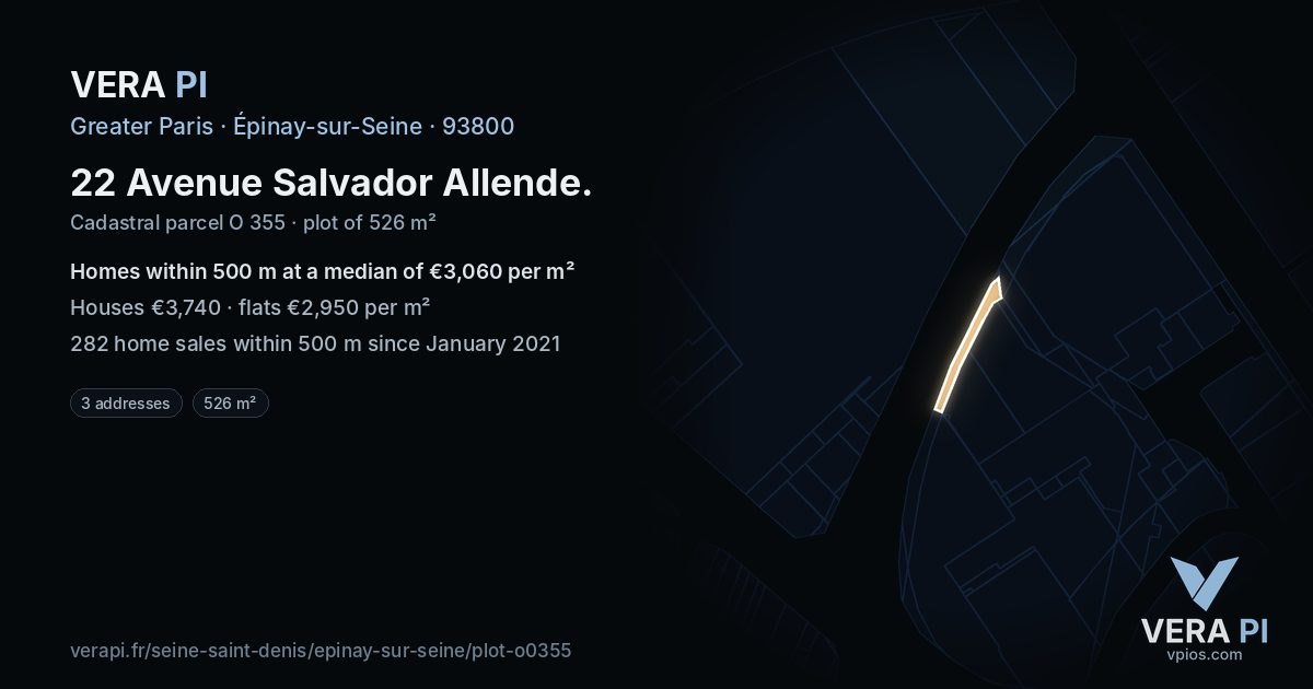 22 Avenue Salvador Allende, Épinay-sur-Seine at night – the plot lit, the parcels around coloured by the prices near them