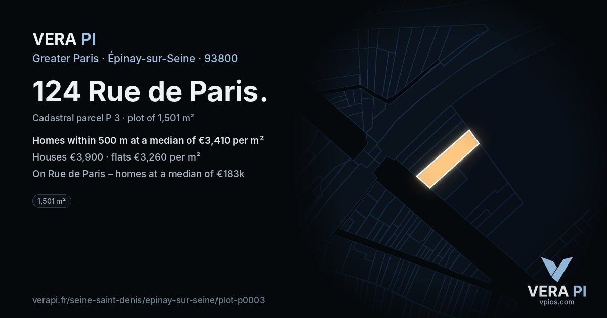 124 Rue de Paris, Épinay-sur-Seine at night – the plot lit, the parcels around coloured by the prices near them