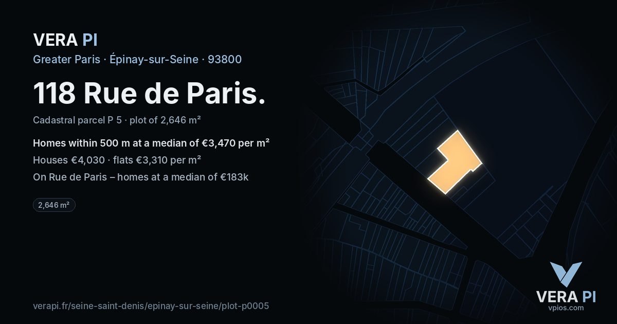 118 Rue de Paris, Épinay-sur-Seine at night – the plot lit, the parcels around coloured by the prices near them