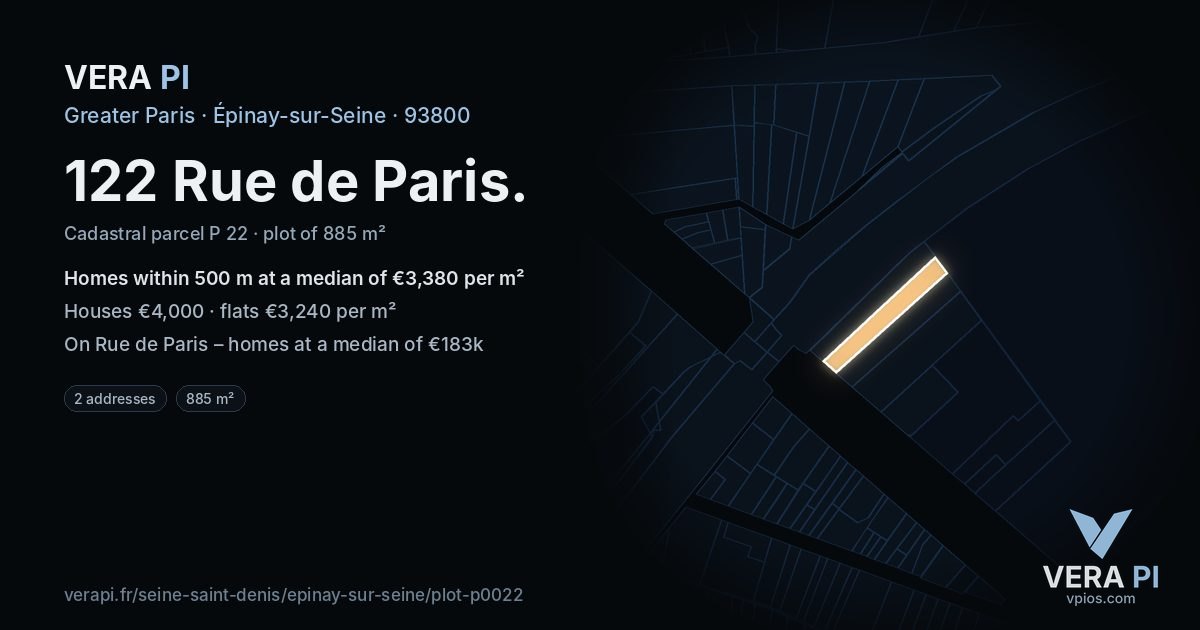 122 Rue de Paris, Épinay-sur-Seine at night – the plot lit, the parcels around coloured by the prices near them