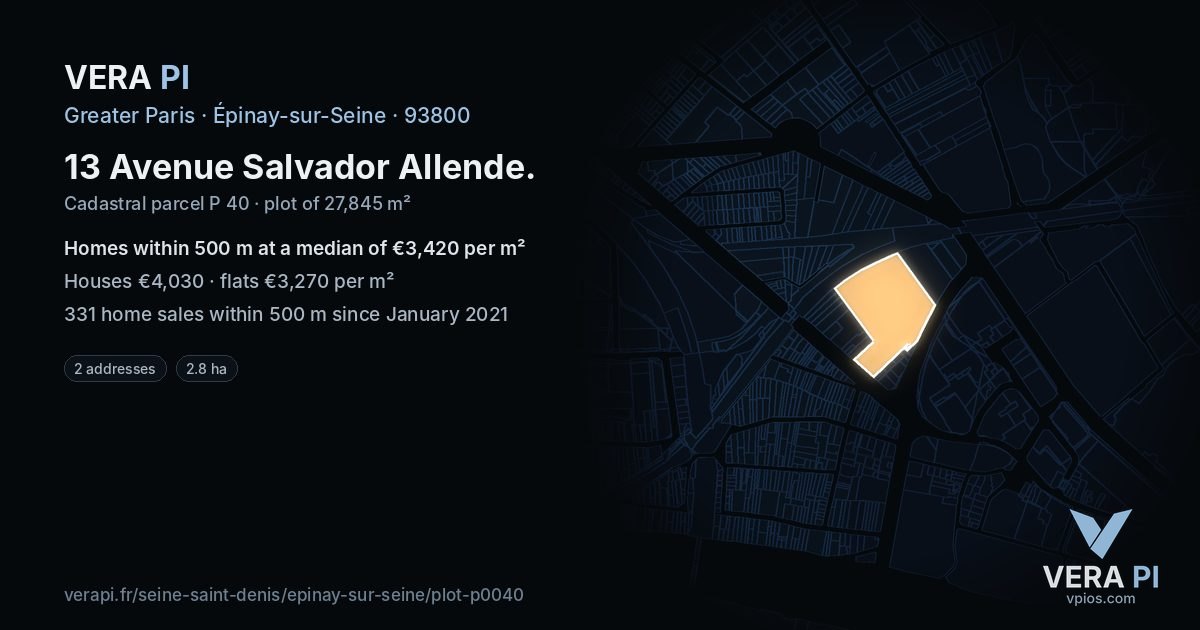 13 Avenue Salvador Allende, Épinay-sur-Seine at night – the plot lit, the parcels around coloured by the prices near them