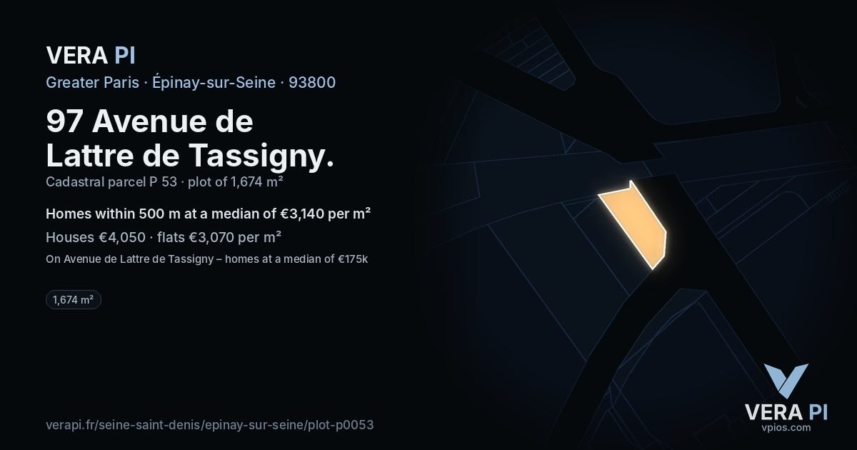 97 Avenue de Lattre de Tassigny, Épinay-sur-Seine at night – the plot lit, the parcels around coloured by the prices near them