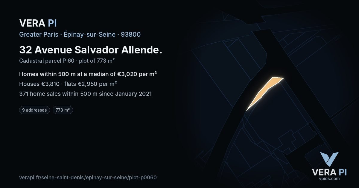 32 Avenue Salvador Allende, Épinay-sur-Seine at night – the plot lit, the parcels around coloured by the prices near them