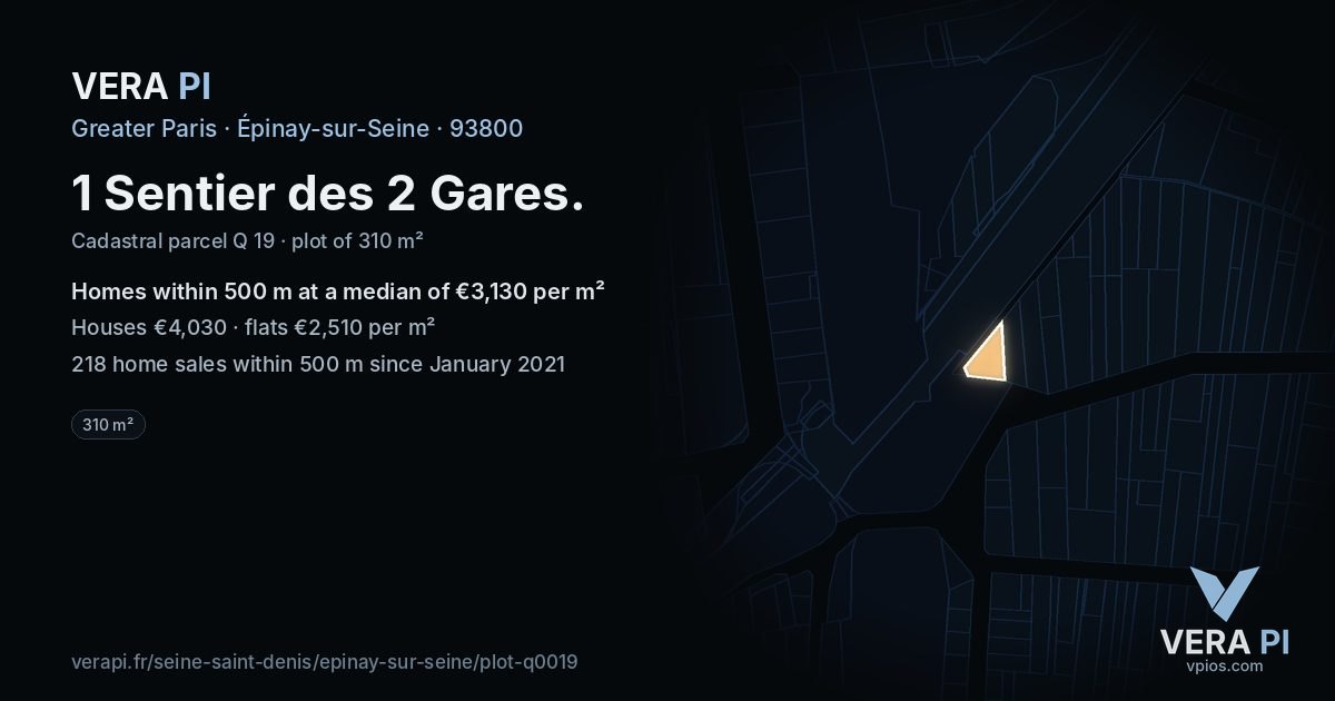 1 Sentier des 2 Gares, Épinay-sur-Seine at night – the plot lit, the parcels around coloured by the prices near them