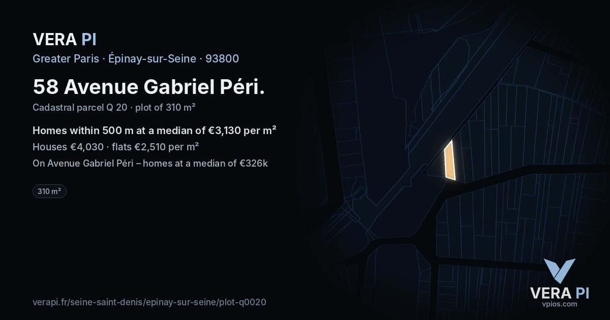 58 Avenue Gabriel Péri, Épinay-sur-Seine at night – the plot lit, the parcels around coloured by the prices near them