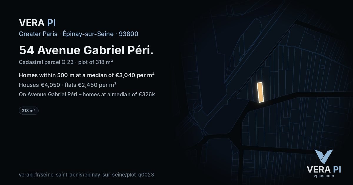 54 Avenue Gabriel Péri, Épinay-sur-Seine at night – the plot lit, the parcels around coloured by the prices near them