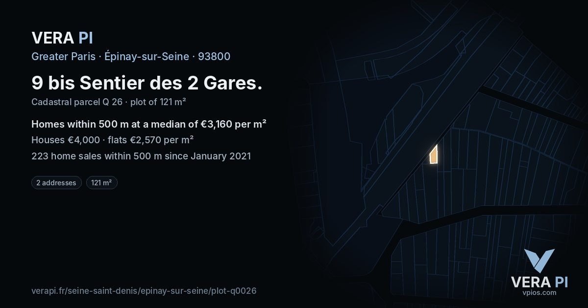 9 bis Sentier des 2 Gares, Épinay-sur-Seine at night – the plot lit, the parcels around coloured by the prices near them