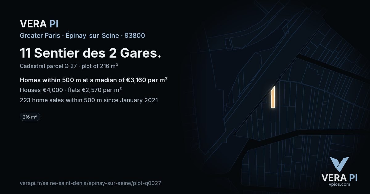 11 Sentier des 2 Gares, Épinay-sur-Seine at night – the plot lit, the parcels around coloured by the prices near them