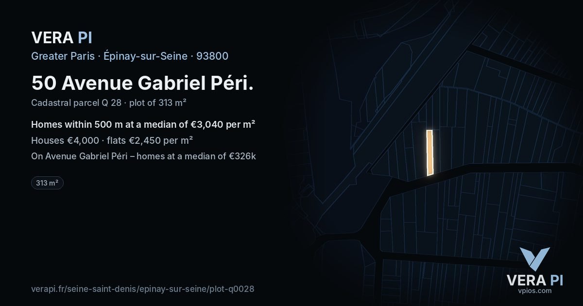 50 Avenue Gabriel Péri, Épinay-sur-Seine at night – the plot lit, the parcels around coloured by the prices near them