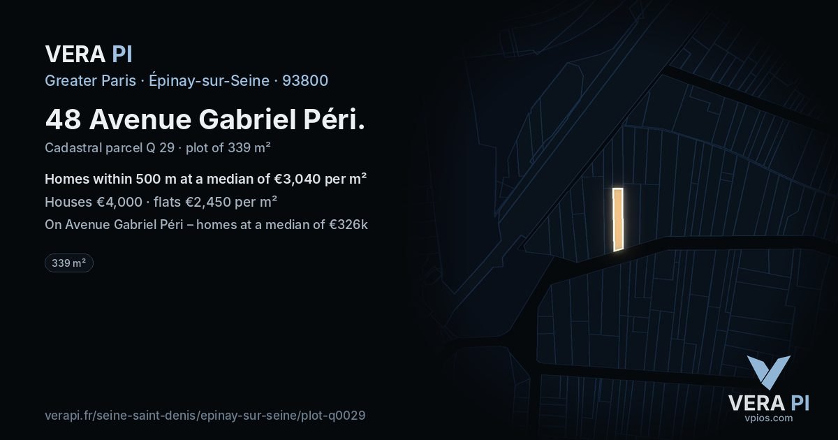 48 Avenue Gabriel Péri, Épinay-sur-Seine at night – the plot lit, the parcels around coloured by the prices near them