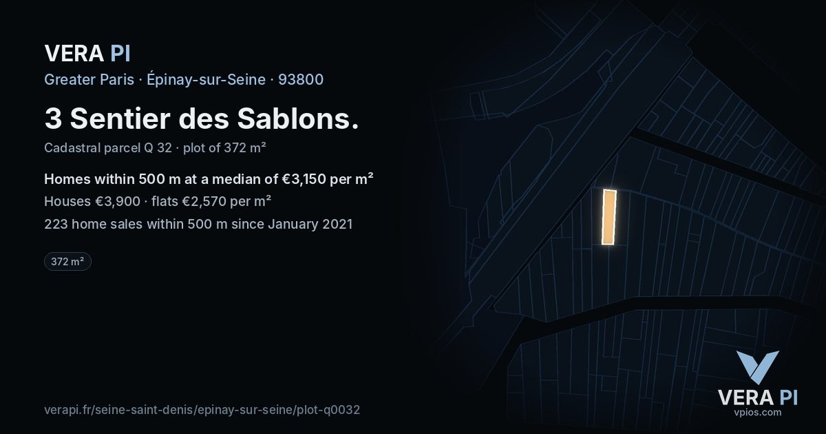 3 Sentier des Sablons, Épinay-sur-Seine at night – the plot lit, the parcels around coloured by the prices near them