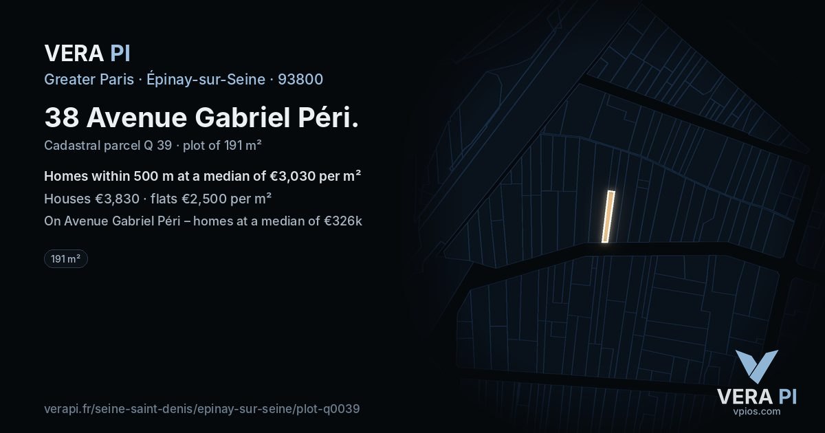 38 Avenue Gabriel Péri, Épinay-sur-Seine at night – the plot lit, the parcels around coloured by the prices near them