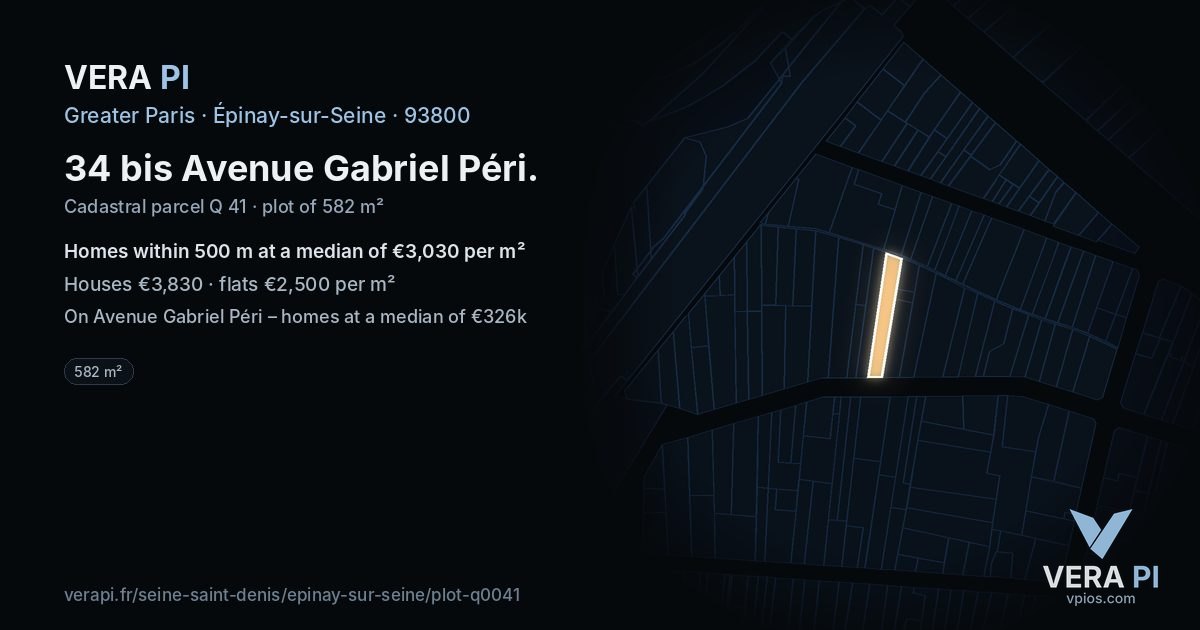 34 bis Avenue Gabriel Péri, Épinay-sur-Seine at night – the plot lit, the parcels around coloured by the prices near them