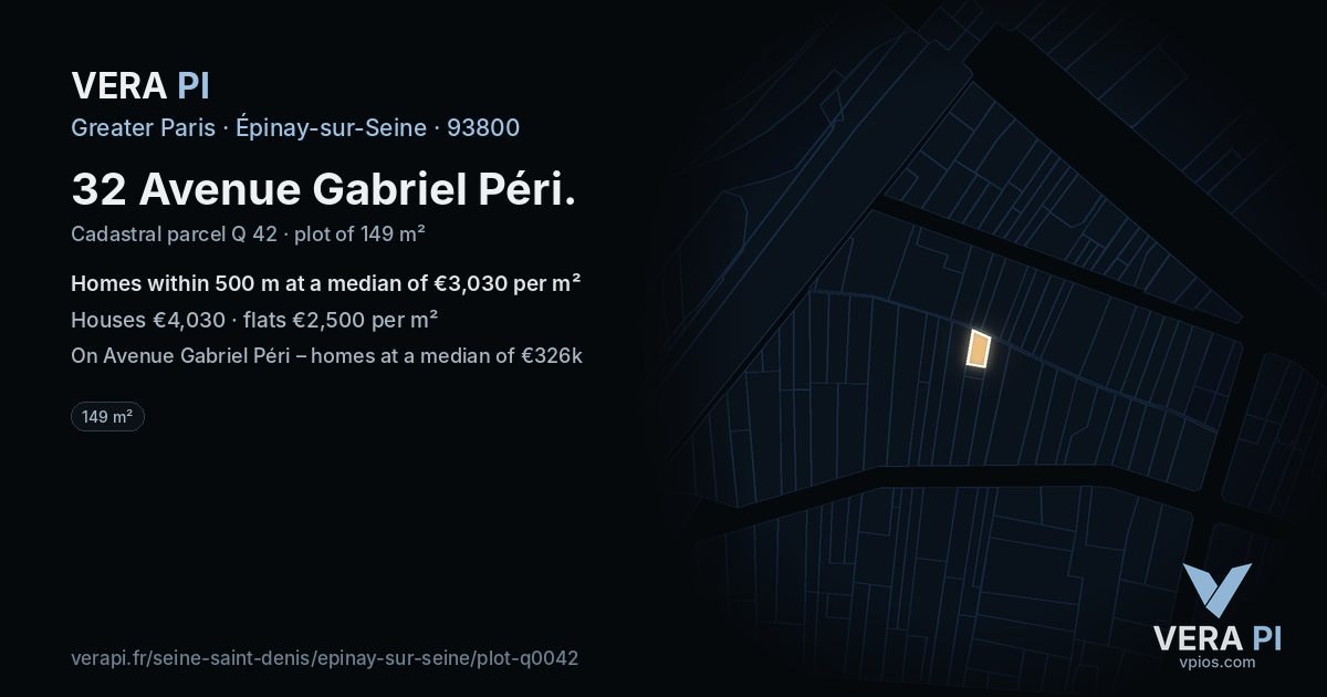32 Avenue Gabriel Péri, Épinay-sur-Seine at night – the plot lit, the parcels around coloured by the prices near them