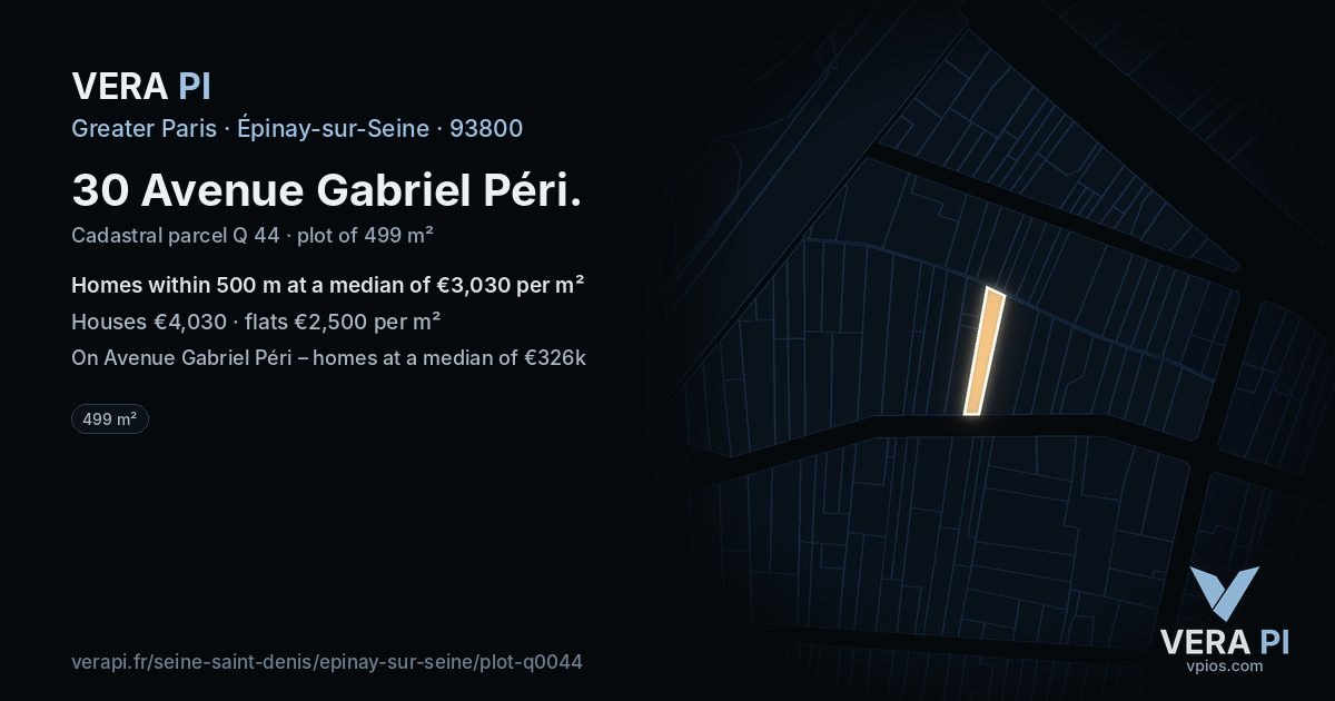 30 Avenue Gabriel Péri, Épinay-sur-Seine at night – the plot lit, the parcels around coloured by the prices near them