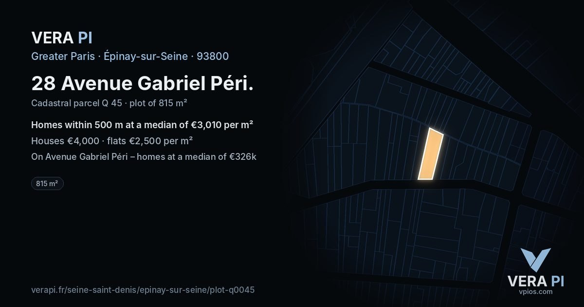 28 Avenue Gabriel Péri, Épinay-sur-Seine at night – the plot lit, the parcels around coloured by the prices near them