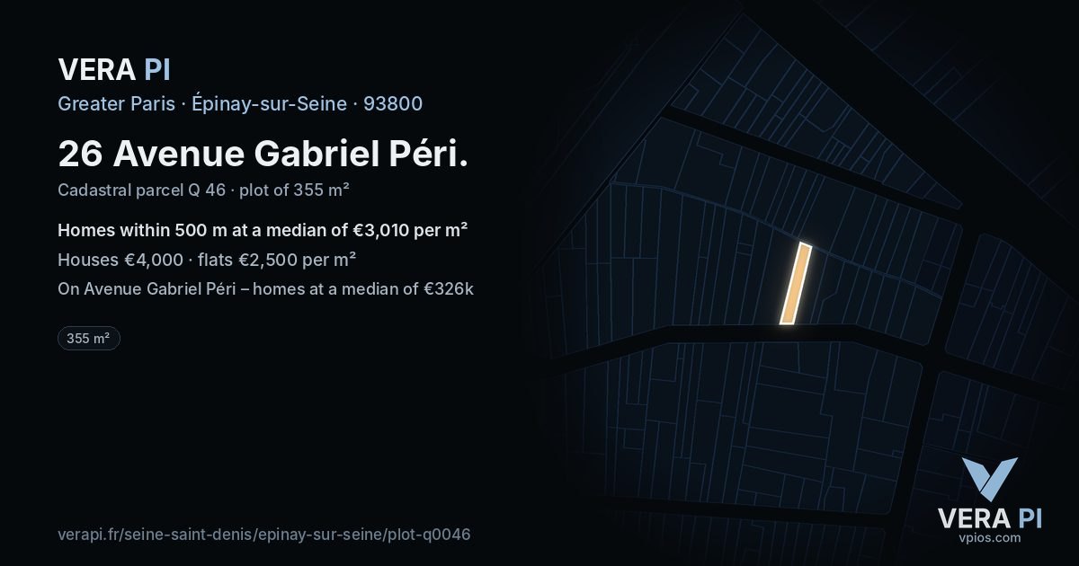 26 Avenue Gabriel Péri, Épinay-sur-Seine at night – the plot lit, the parcels around coloured by the prices near them