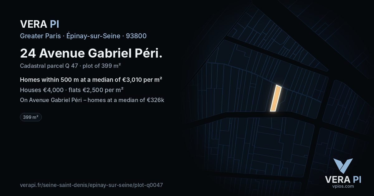 24 Avenue Gabriel Péri, Épinay-sur-Seine at night – the plot lit, the parcels around coloured by the prices near them