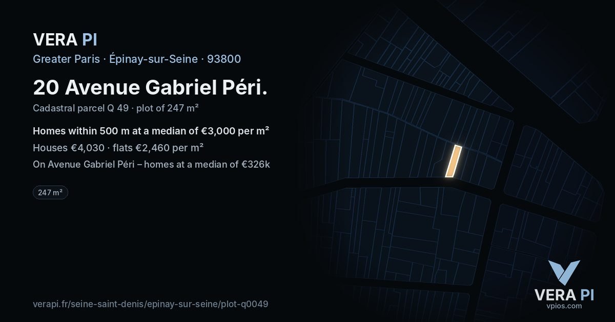20 Avenue Gabriel Péri, Épinay-sur-Seine at night – the plot lit, the parcels around coloured by the prices near them
