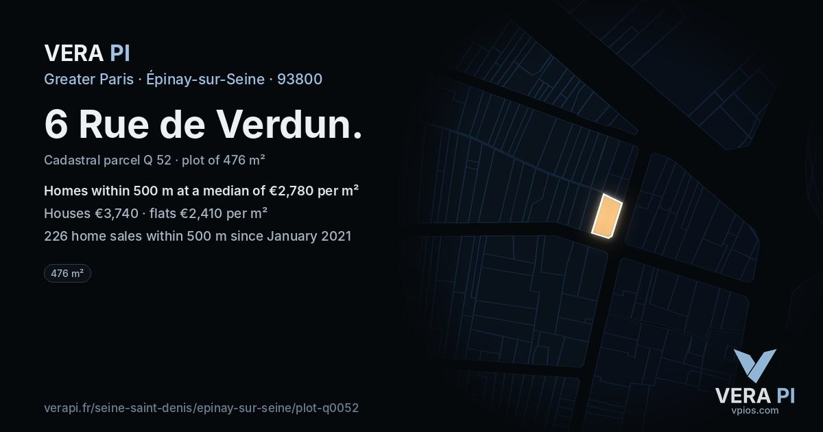 6 Rue de Verdun, Épinay-sur-Seine at night – the plot lit, the parcels around coloured by the prices near them