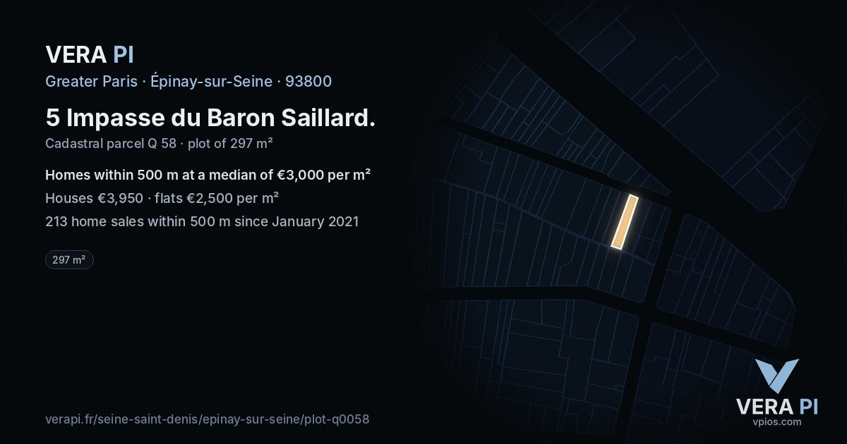 5 Impasse du Baron Saillard, Épinay-sur-Seine at night – the plot lit, the parcels around coloured by the prices near them
