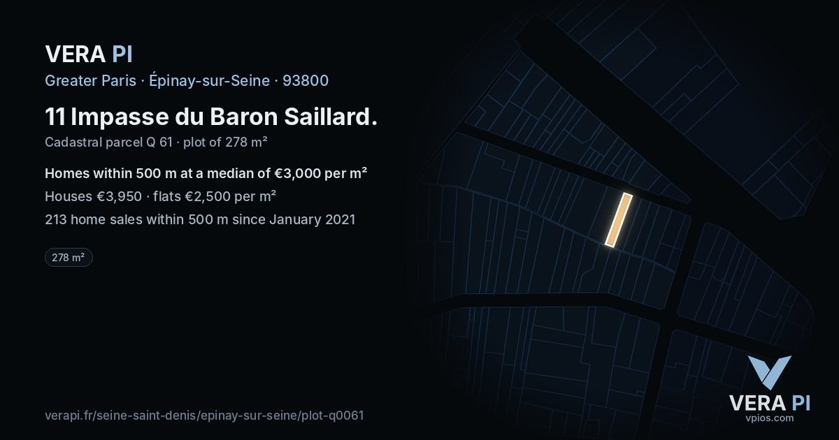 11 Impasse du Baron Saillard, Épinay-sur-Seine at night – the plot lit, the parcels around coloured by the prices near them