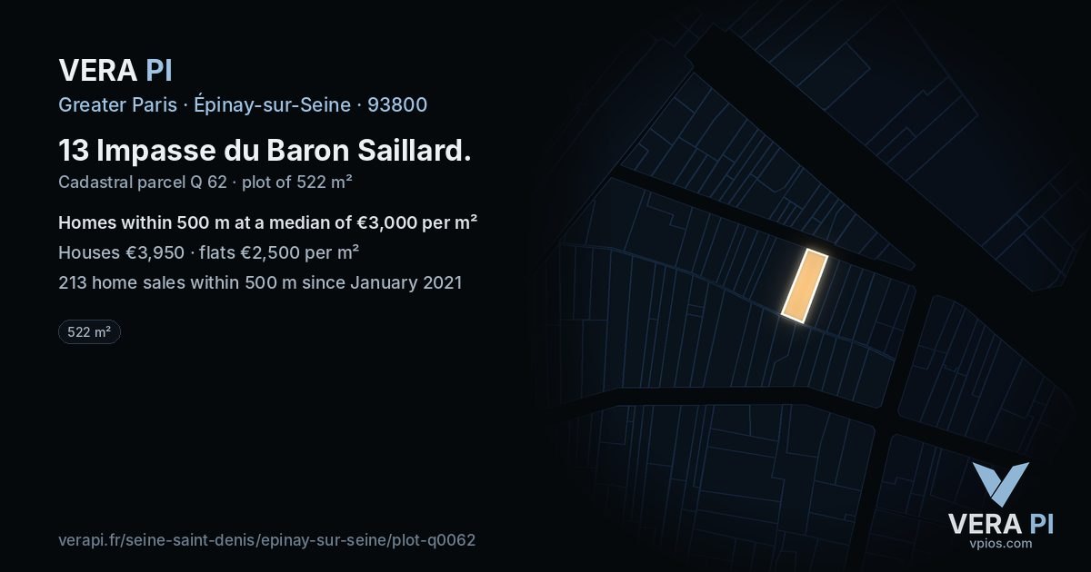 13 Impasse du Baron Saillard, Épinay-sur-Seine at night – the plot lit, the parcels around coloured by the prices near them