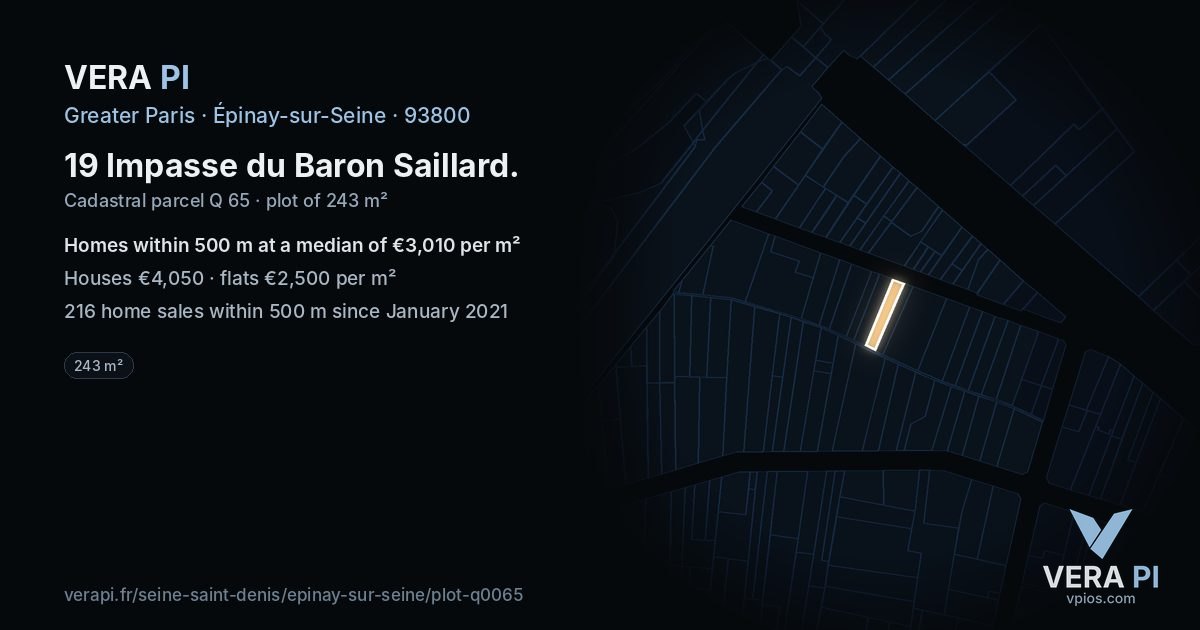 19 Impasse du Baron Saillard, Épinay-sur-Seine at night – the plot lit, the parcels around coloured by the prices near them