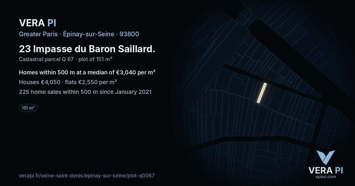 23 Impasse du Baron Saillard, Épinay-sur-Seine at night – the plot lit, the parcels around coloured by the prices near them