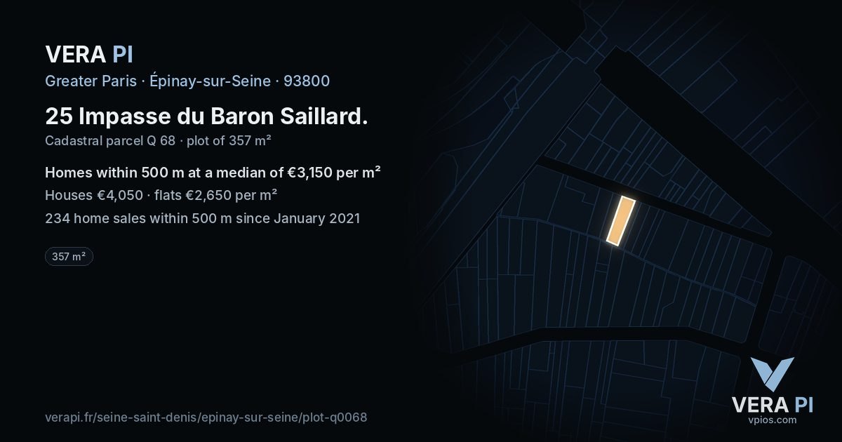 25 Impasse du Baron Saillard, Épinay-sur-Seine at night – the plot lit, the parcels around coloured by the prices near them