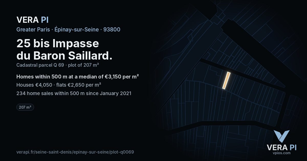 25 bis Impasse du Baron Saillard, Épinay-sur-Seine at night – the plot lit, the parcels around coloured by the prices near them