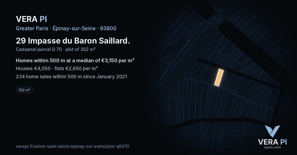 29 Impasse du Baron Saillard, Épinay-sur-Seine at night – the plot lit, the parcels around coloured by the prices near them