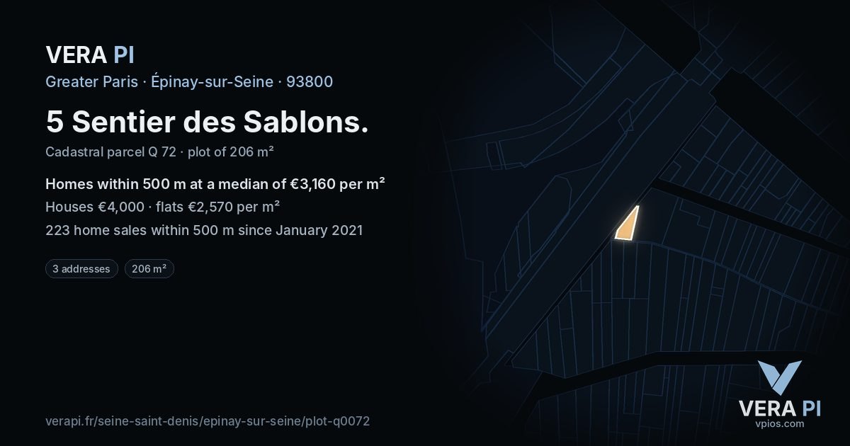 5 Sentier des Sablons, Épinay-sur-Seine at night – the plot lit, the parcels around coloured by the prices near them
