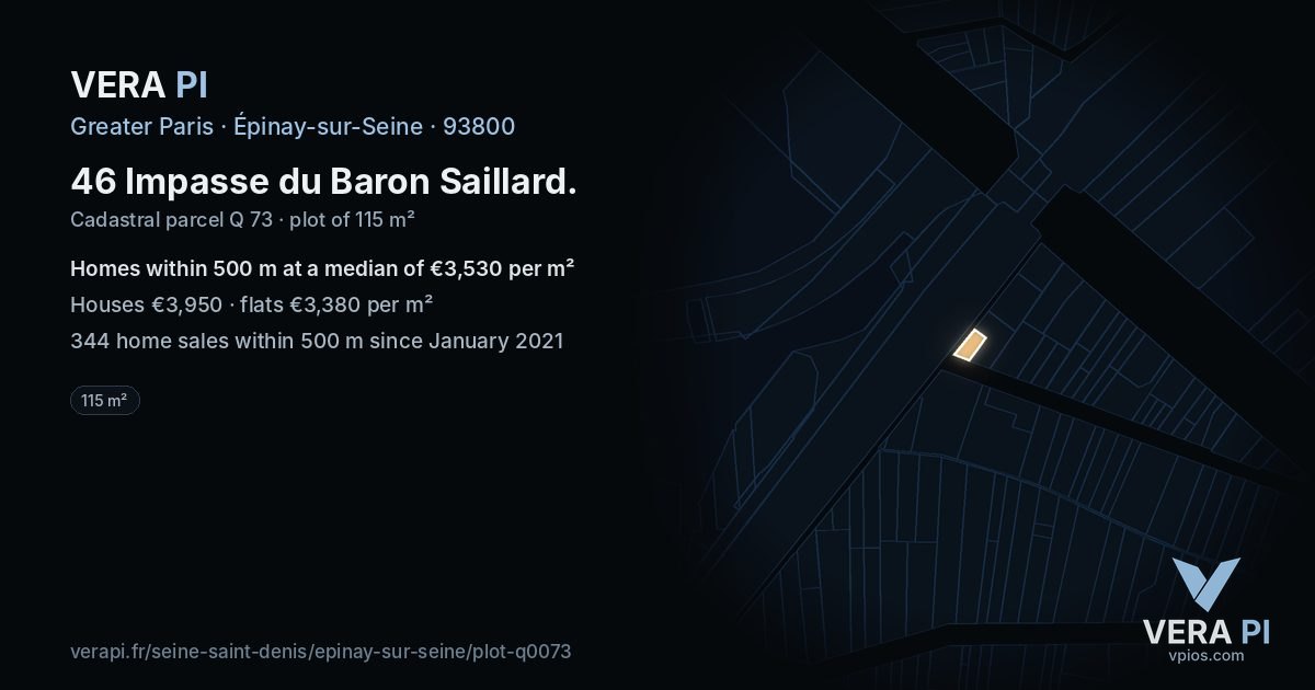 46 Impasse du Baron Saillard, Épinay-sur-Seine at night – the plot lit, the parcels around coloured by the prices near them