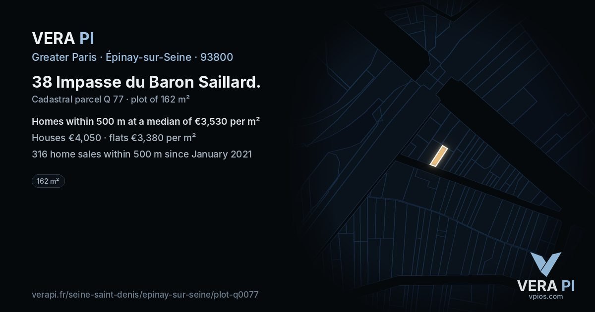 38 Impasse du Baron Saillard, Épinay-sur-Seine at night – the plot lit, the parcels around coloured by the prices near them