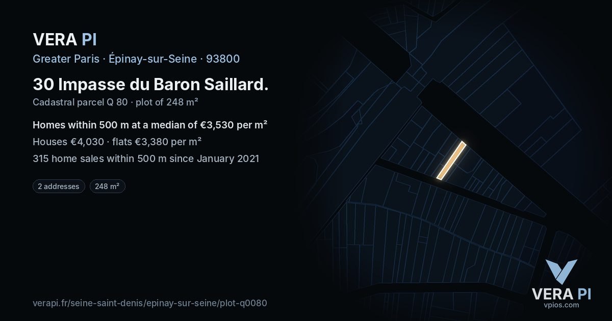 30 Impasse du Baron Saillard, Épinay-sur-Seine at night – the plot lit, the parcels around coloured by the prices near them