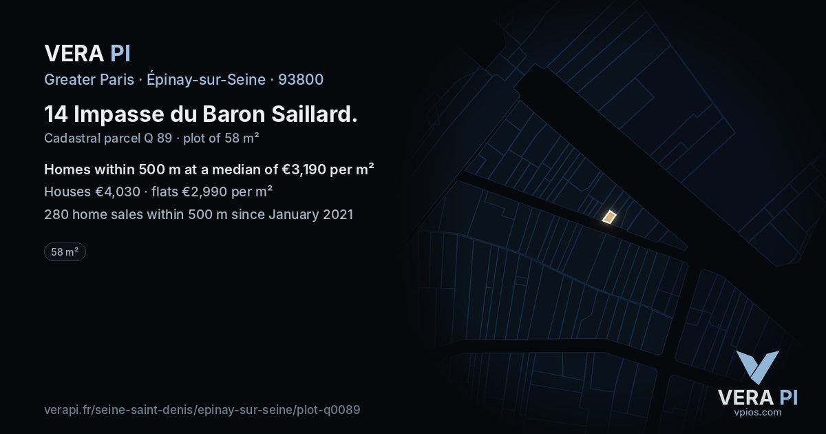14 Impasse du Baron Saillard, Épinay-sur-Seine at night – the plot lit, the parcels around coloured by the prices near them
