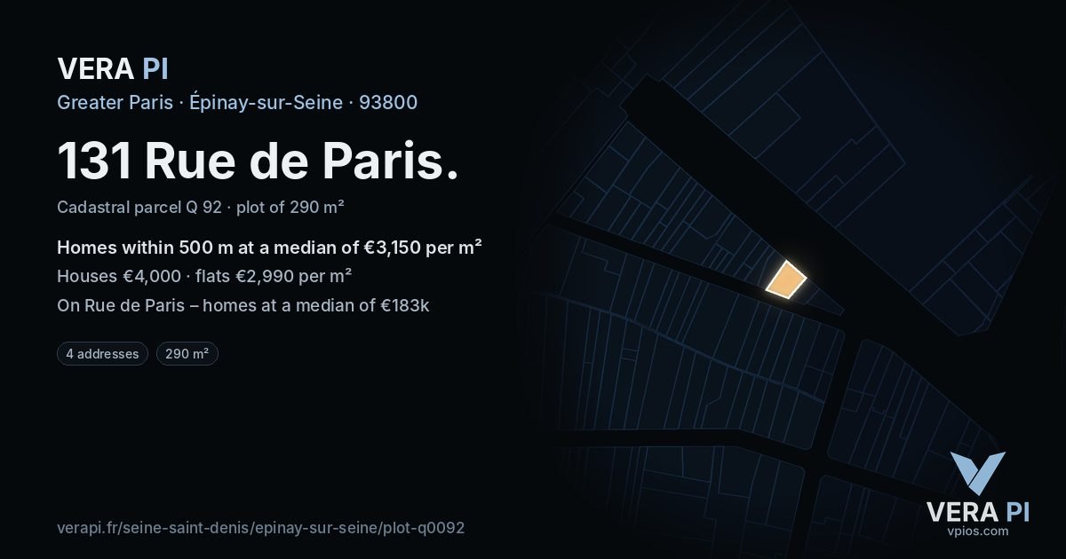 131 Rue de Paris, Épinay-sur-Seine at night – the plot lit, the parcels around coloured by the prices near them