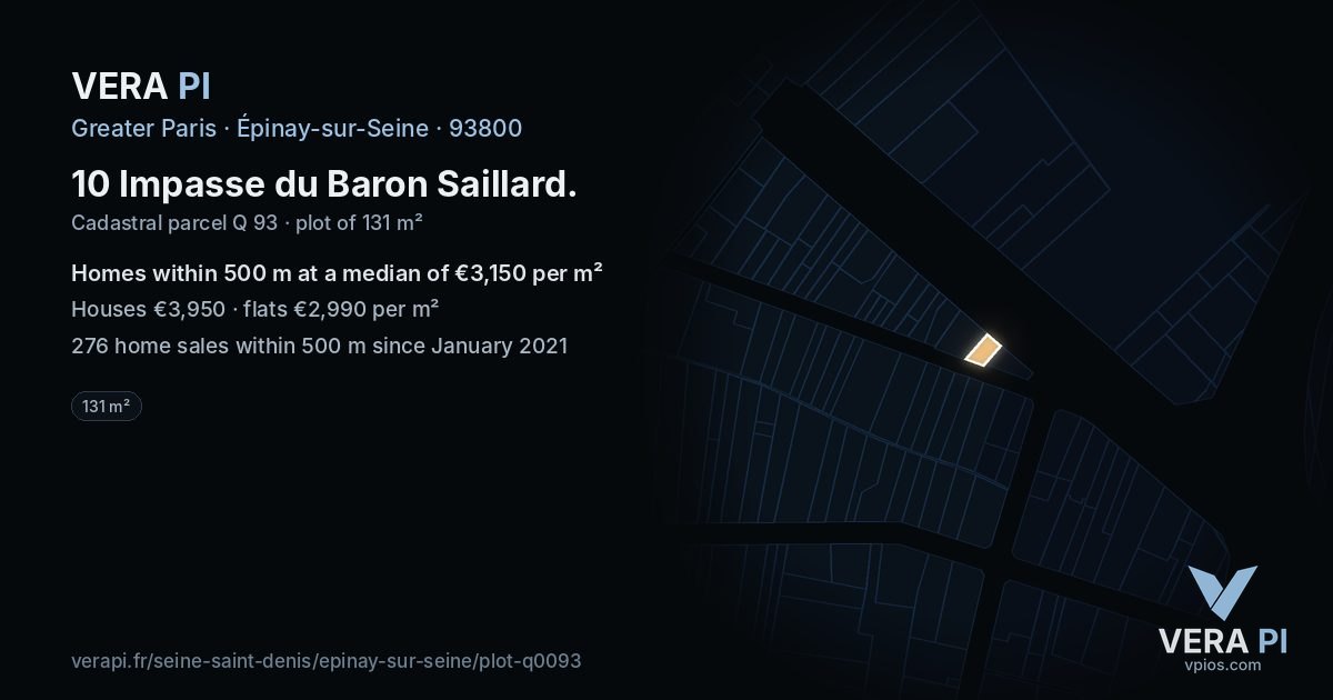 10 Impasse du Baron Saillard, Épinay-sur-Seine at night – the plot lit, the parcels around coloured by the prices near them