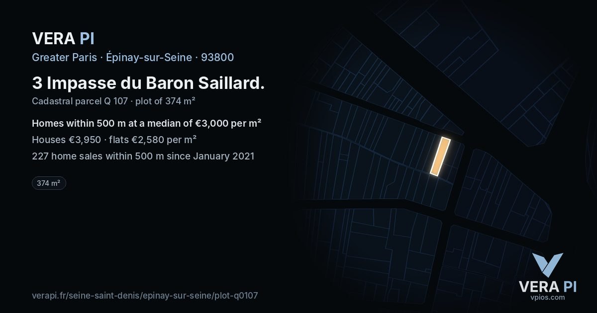 3 Impasse du Baron Saillard, Épinay-sur-Seine at night – the plot lit, the parcels around coloured by the prices near them