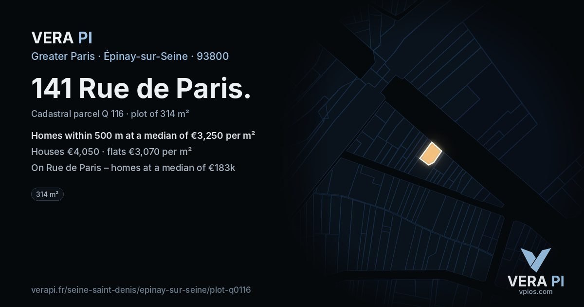141 Rue de Paris, Épinay-sur-Seine at night – the plot lit, the parcels around coloured by the prices near them