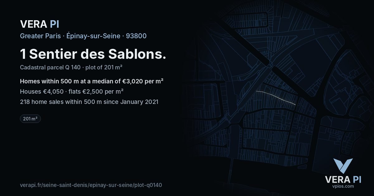 1 Sentier des Sablons, Épinay-sur-Seine at night – the plot lit, the parcels around coloured by the prices near them