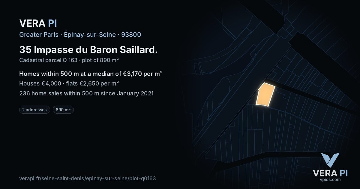35 Impasse du Baron Saillard, Épinay-sur-Seine at night – the plot lit, the parcels around coloured by the prices near them