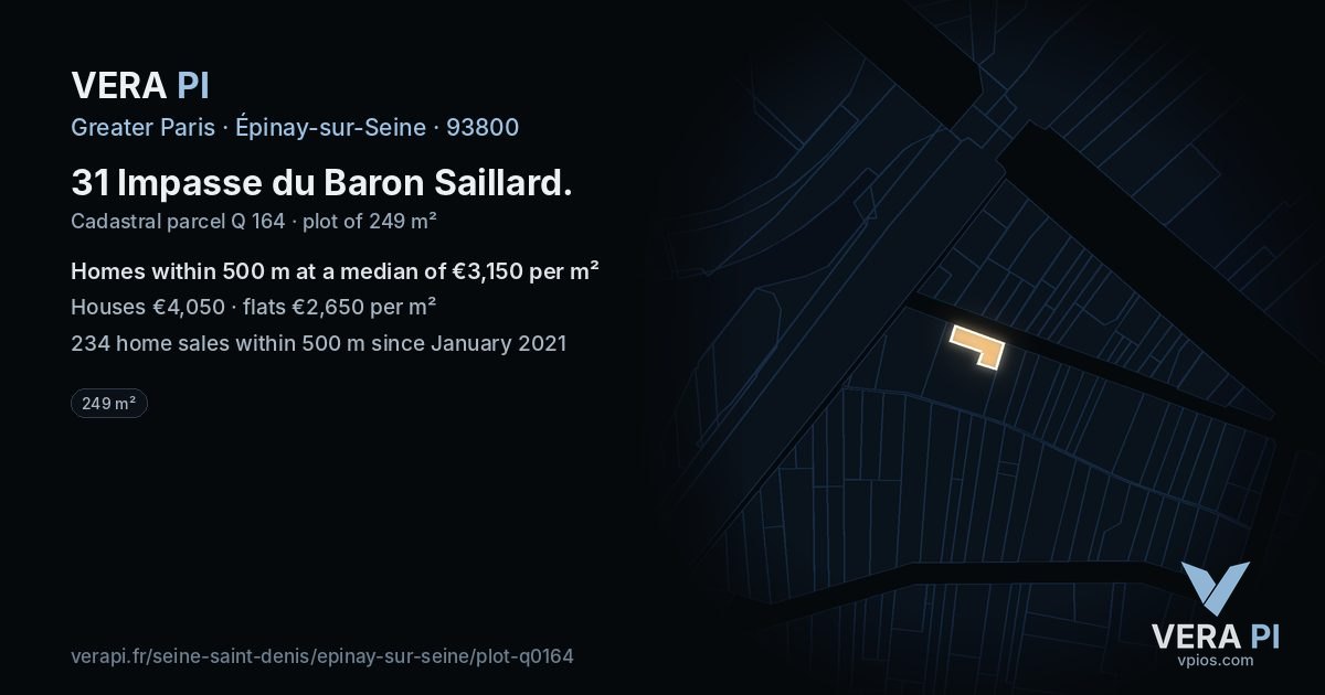 31 Impasse du Baron Saillard, Épinay-sur-Seine at night – the plot lit, the parcels around coloured by the prices near them