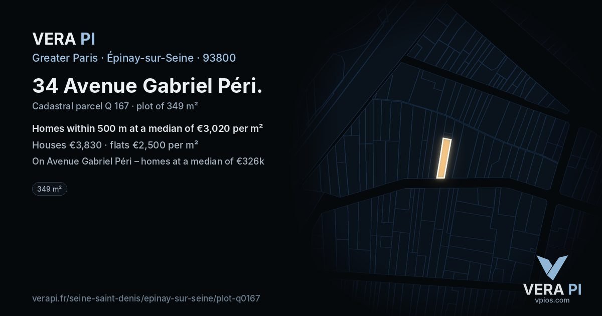 34 Avenue Gabriel Péri, Épinay-sur-Seine at night – the plot lit, the parcels around coloured by the prices near them