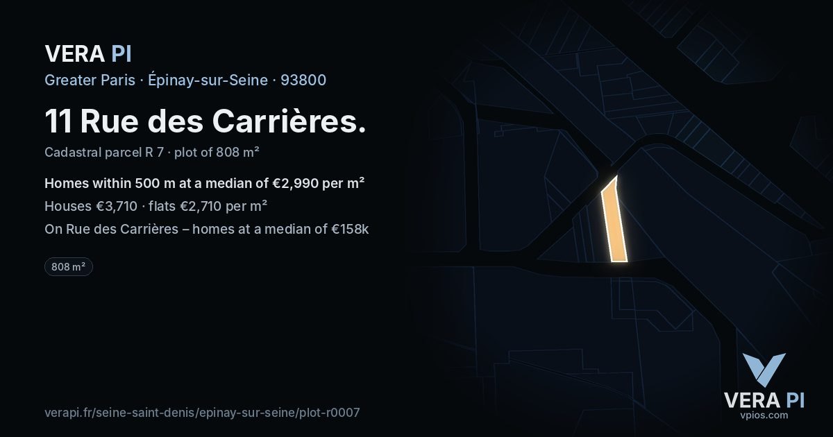 11 Rue des Carrières, Épinay-sur-Seine at night – the plot lit, the parcels around coloured by the prices near them