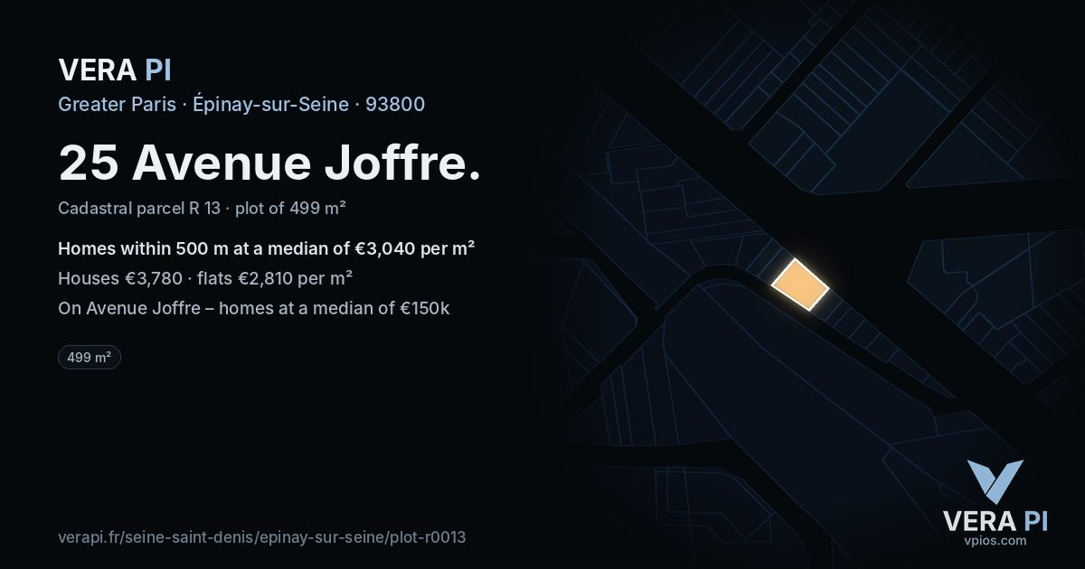 25 Avenue Joffre, Épinay-sur-Seine at night – the plot lit, the parcels around coloured by the prices near them