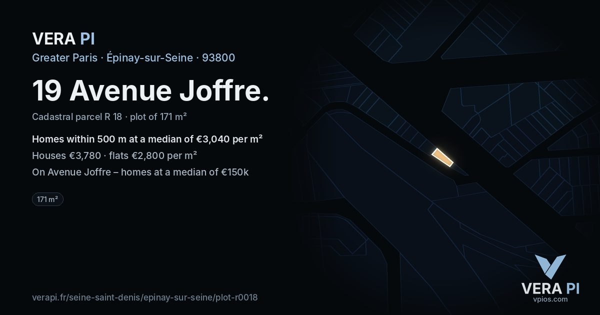 19 Avenue Joffre, Épinay-sur-Seine at night – the plot lit, the parcels around coloured by the prices near them