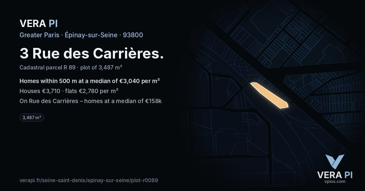 3 Rue des Carrières, Épinay-sur-Seine at night – the plot lit, the parcels around coloured by the prices near them
