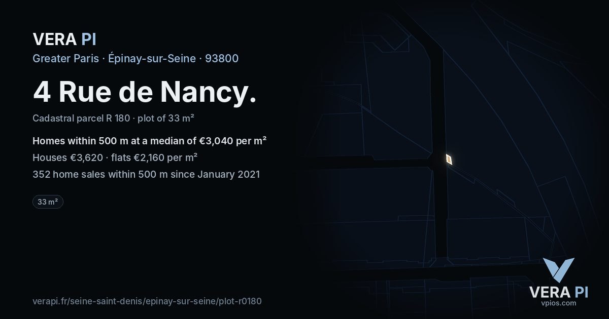 4 Rue de Nancy, Épinay-sur-Seine at night – the plot lit, the parcels around coloured by the prices near them
